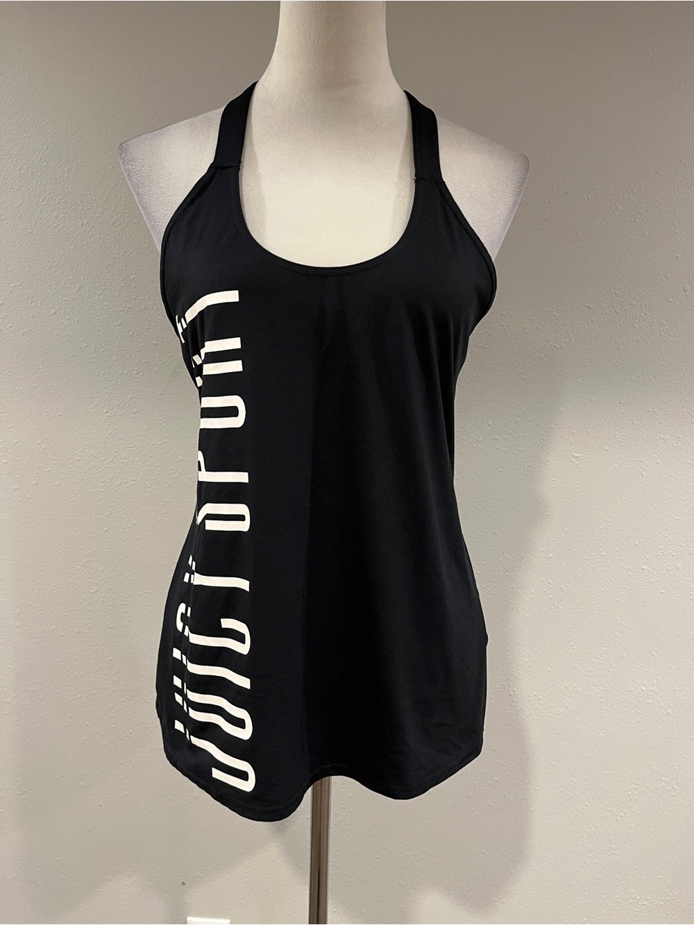 Black Racerback Tank Top‎ with Vertical White "JUICY SPORT" Logo